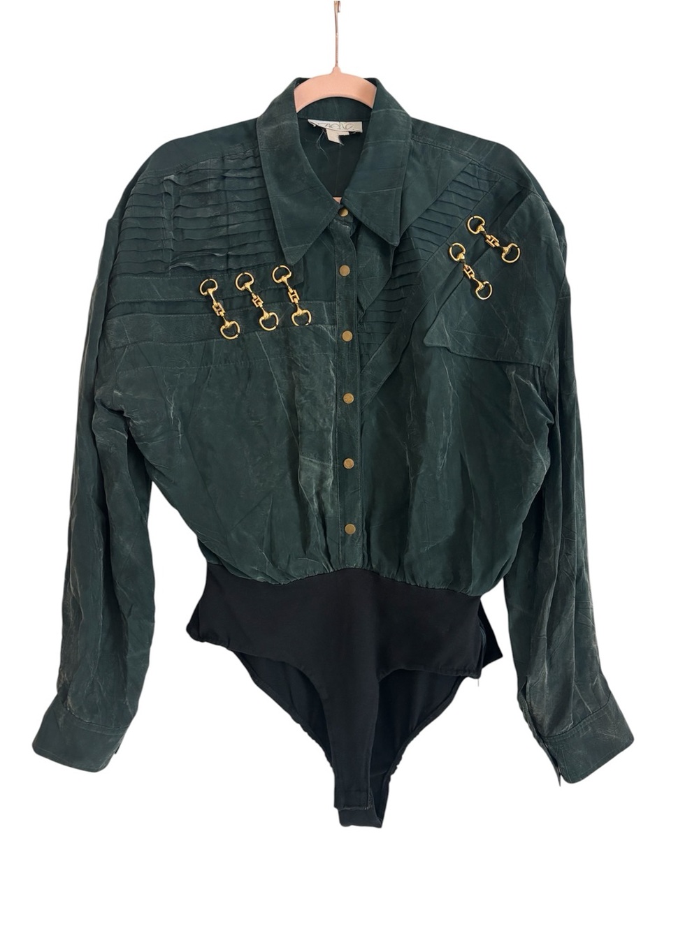 Vintage Cache Green Bodysuit Blouse with Gold Hardware